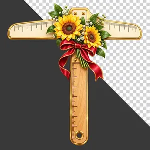 File PNG - Thước chữ T hoa hướng dương nơ đỏ tri ân thầy cô   