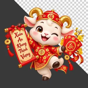Chú dê đỏ đội mũ chữ Phúc cầm cuộn thư Xuân An Khang Thịnh Vượng và lì xì - File PNG