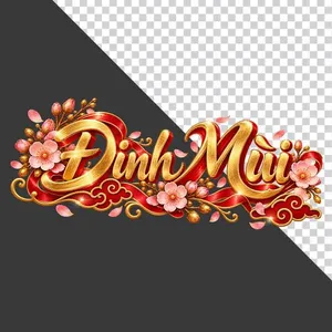 Chữ Đinh Mùi 3D phong cách thư pháp vàng kim lụa đỏ hoa đào ngày Tết - File PNG