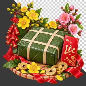 File PNG - Mẹt bánh chưng hoa mai hoa đào bao lì xì Lộc tiền cổ và pháo đỏ