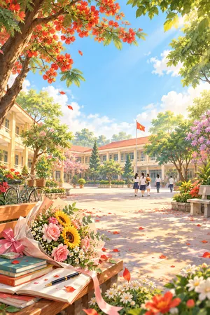 File JPG - Sân trường hoa phượng đỏ bó hoa kỷ yếu