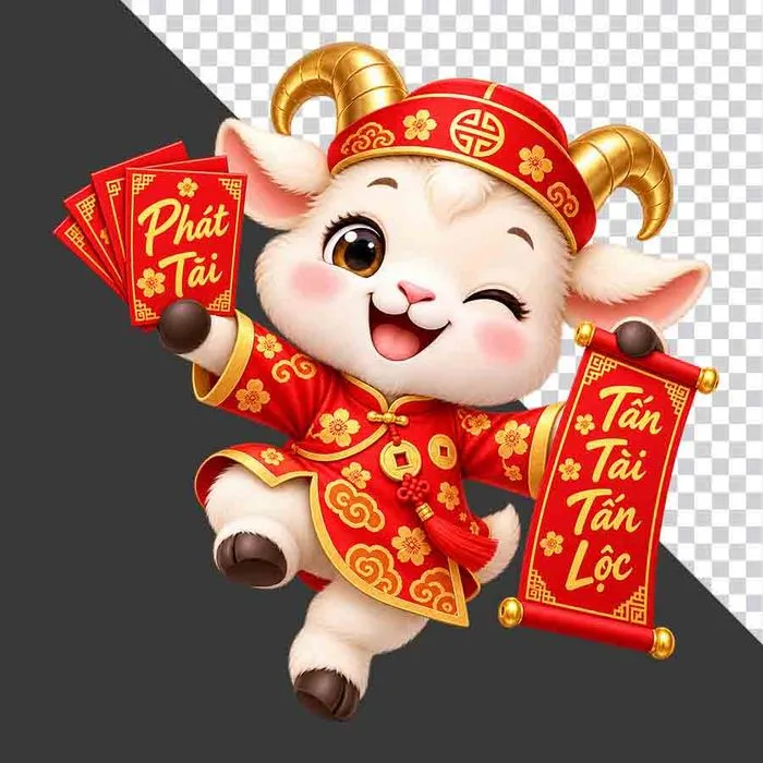 Chú dê đỏ cầm lì xì Phát Tài và cuộn thư Tấn Tài Tấn Lộc - File PNG