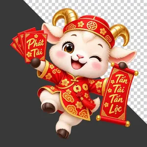 Chú dê đỏ cầm lì xì Phát Tài và cuộn thư Tấn Tài Tấn Lộc - File PNG
