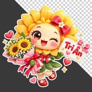 File PNG - Nhân vật hoa hướng dương hoạt hình ôm bó hoa và cầm bảng Tri ân 20/11
