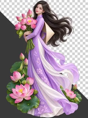 File PNG - Thiếu nữ mặc áo dài tím ôm bó hoa sen đeo nón lá