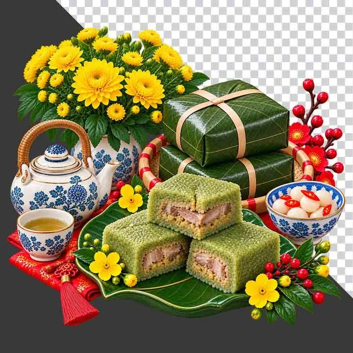 Mẹt bánh chưng đôi cắt miếng hoa cúc vàng ấm chén và dưa hành ngày Tết - File PNG