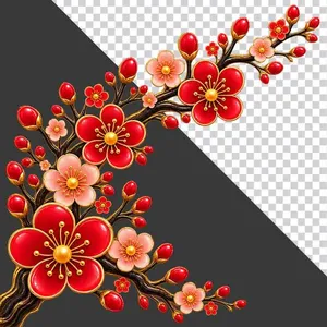 File PNG - Cành hoa đào đỏ hồng uốn góc đẹp mắt