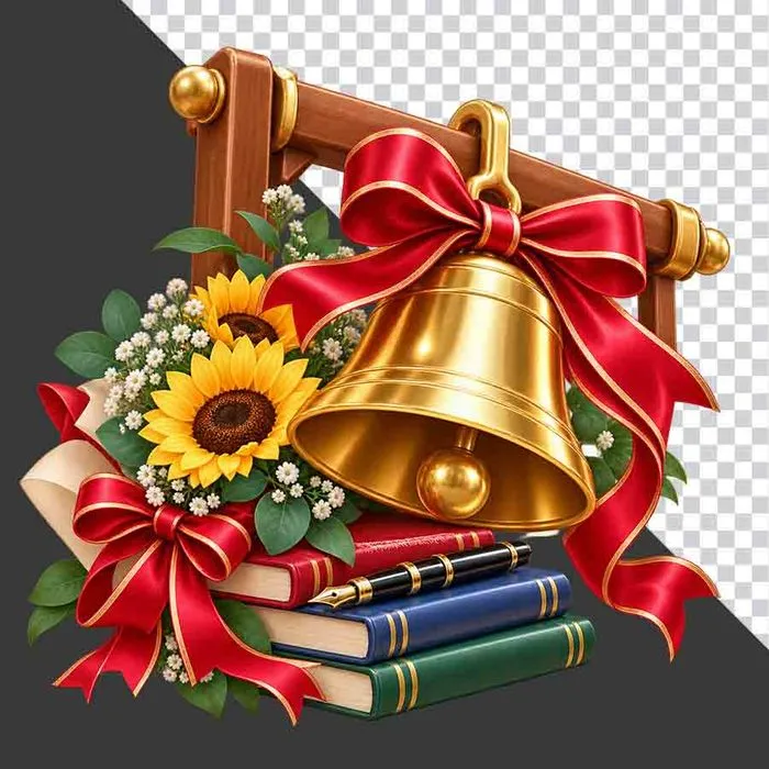 Chuông vàng hoa hướng dương sách bút tri ân thầy cô - File PNG