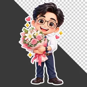 File PNG - Thầy giáo hoạt hình đeo kính ôm bó hoa tươi tri ân 20 tháng 11