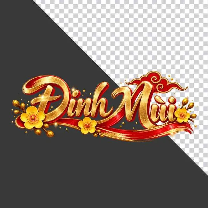 File PNG - Chữ Đinh Mùi 3D ngang hoa mai vàng mây đỏ ngày Tết
