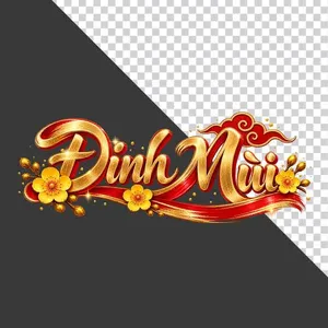 File PNG - Chữ Đinh Mùi 3D ngang hoa mai vàng mây đỏ ngày Tết