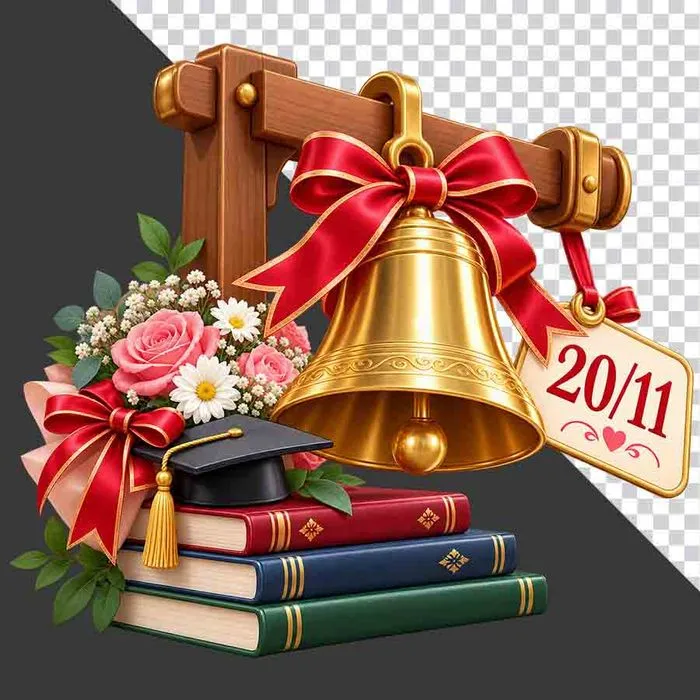 File PNG - Chuông vàng hoa hồng sách mũ cử nhân thẻ 20/11 tri ân thầy cô