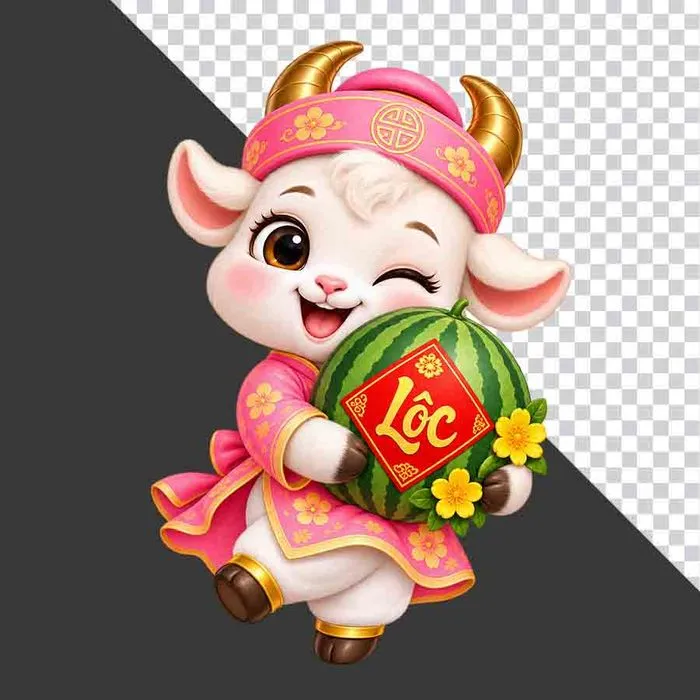 File PNG - Tượng chú dê hồng ôm dưa hấu chữ Lộc ngày Tết