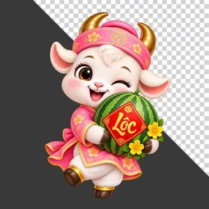 File PNG - Tượng chú dê hồng ôm dưa hấu chữ Lộc ngày Tết