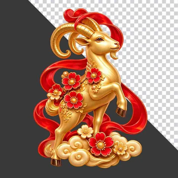 Tượng dê vàng dải lụa đỏ uốn lượn phong thủy - File PNG