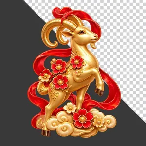 Tượng dê vàng dải lụa đỏ uốn lượn phong thủy - File PNG