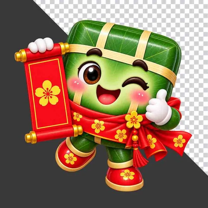 Bánh chưng cầm câu đối đỏ hoa mai chúc Tết - File PNG