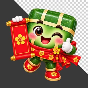 Bánh chưng cầm câu đối đỏ hoa mai chúc Tết - File PNG