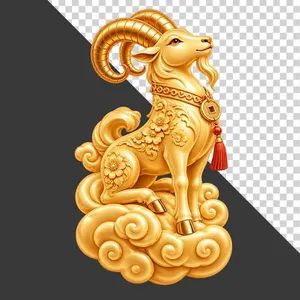 File PNG - Tượng dê vàng quỳ gối trên mây vàng hoa mai