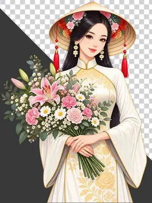 File PNG - Thiếu nữ mặc cổ phục trắng đội nón lá ôm bó hoa hồng và hoa ly   