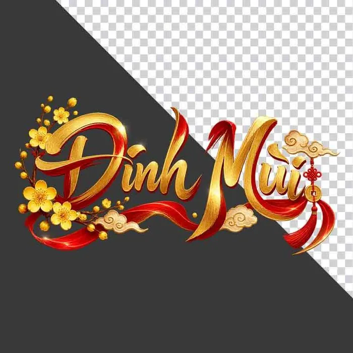 File PNG - Chữ Đinh Mùi 3D ngang hoa mai vàng lụa đỏ đồng tiền ngày Tết   
