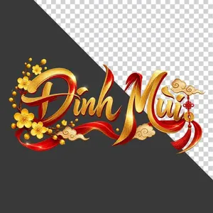 File PNG - Chữ Đinh Mùi 3D ngang hoa mai vàng lụa đỏ đồng tiền ngày Tết   