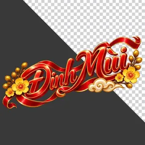 File PNG - Chữ Đinh Mùi 3D dải lụa đỏ hoa mai vàng nghiêng ngày Tết