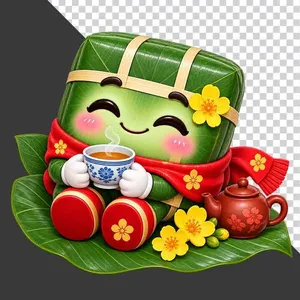 File PNG - Bánh chưng ngồi trên lá dong tay nâng chén trà ấm ngày Tết