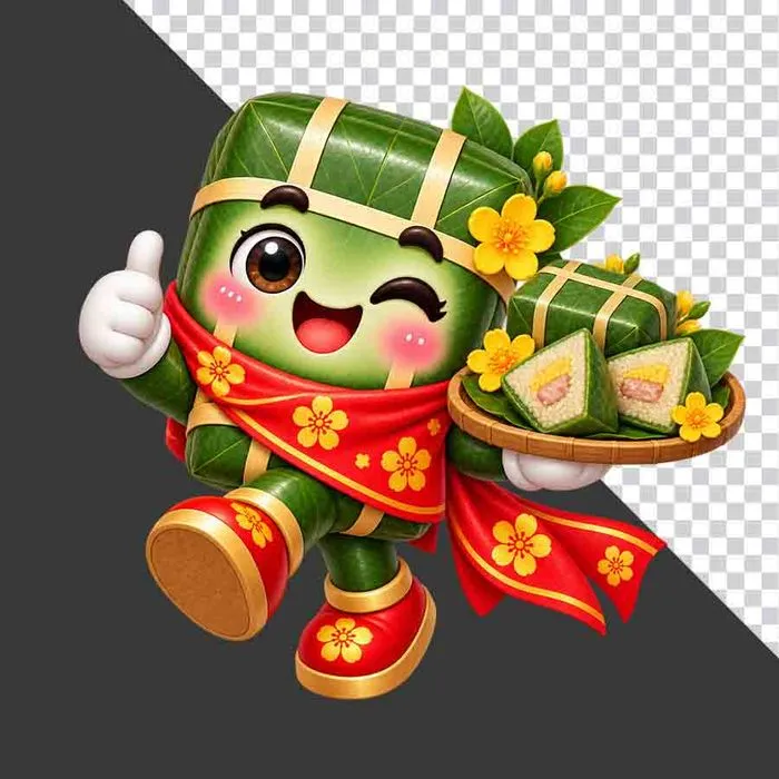 File PNG - Bánh chưng bưng mâm bánh chưng cắt lát giơ ngón tay cái hoa mai