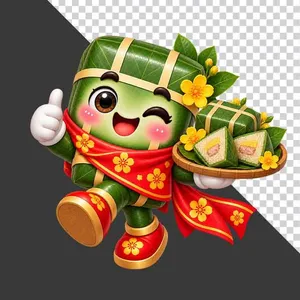 File PNG - Bánh chưng bưng mâm bánh chưng cắt lát giơ ngón tay cái hoa mai