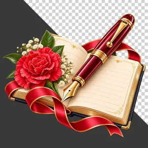 File PNG - Sách mở bút máy hoa cẩm chướng và ruy băng đỏ 20 tháng 11