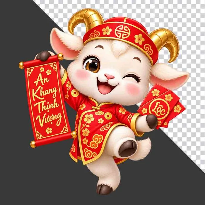 Chú dê đỏ nháy mắt cầm cuộn thư An Khang Thịnh Vượng và bao lì xì - File PNG
