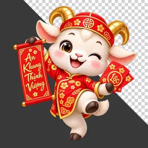 Chú dê đỏ nháy mắt cầm cuộn thư An Khang Thịnh Vượng và bao lì xì - File PNG