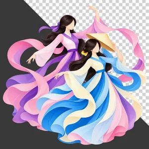 File PNG - Hai thiếu nữ múa nghệ thuật đội nón lá trang phục tím xanh dải lụa bay