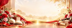 File JPG - Phông nền 20/11 sách vở cuộn thư hoa cẩm chướng trường học lụa đỏ