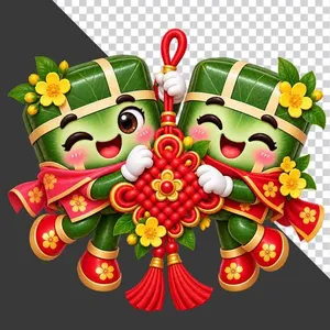 File PNG - Cặp đôi bánh chưng cùng cầm nút thắt cát tường hoa mai tài lộc ngày Tết