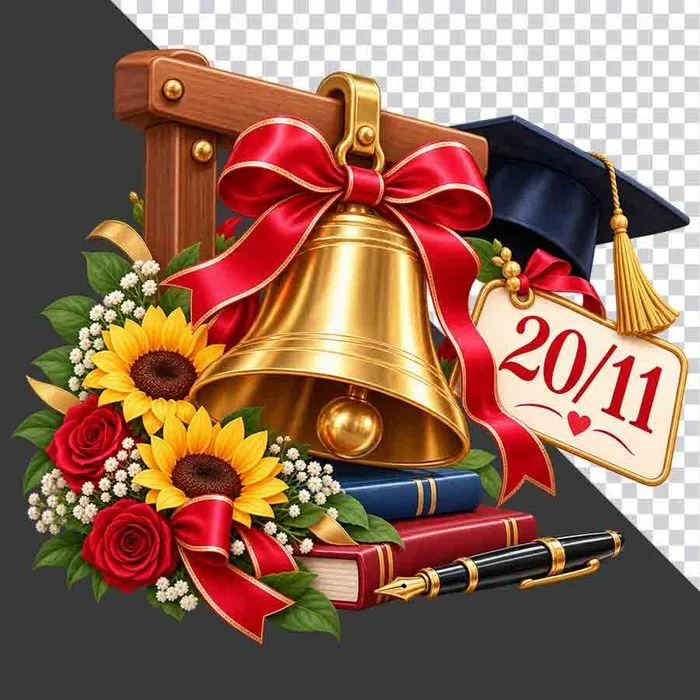 File PNG - Chuông vàng hoa hướng dương sách bút thẻ 20/11 tri ân thầy cô