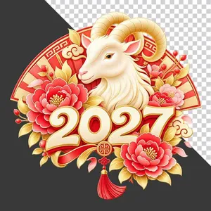 Hình ảnh đầu dê trắng và chữ số 2027 quạt giấy hoa mẫu đơn - File PNG
