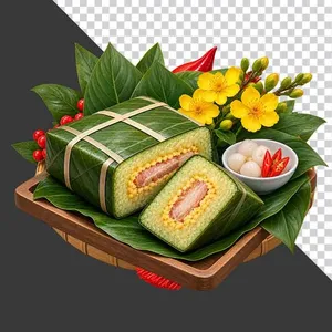 File PNG - Khay gỗ bánh chưng cắt miếng dưa hành hoa mai ngày Tết