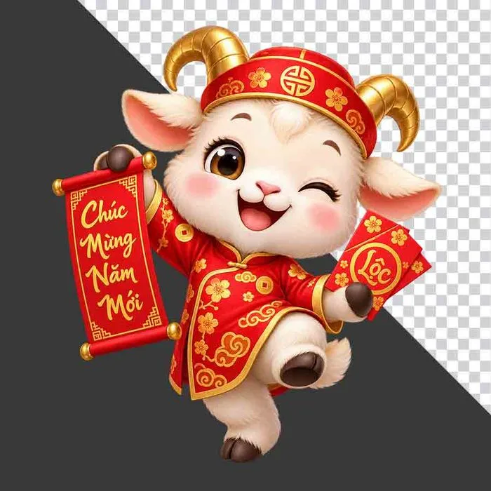 File PNG - Chú dê đỏ nháy mắt cầm cuộn thư Chúc Mừng Năm Mới và bao lì xì
