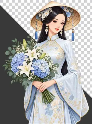 Thiếu nữ mặc cổ phục xanh nhạt đội nón lá ôm bó hoa cẩm tú cầu và hoa ly - File PNG