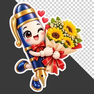 File PNG - Nhân vật bút máy xanh đen hoạt hình ôm bó hoa hướng dương kết hợp hoa cúc chào mừng 20/11   