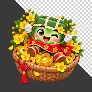 Nhân vật hoạt hình bánh chưng dễ thương trong mẹt hoa mai thỏi vàng tiền cổ tài lộc - File PNG