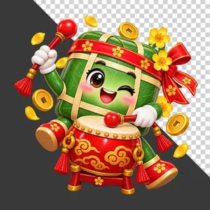 Bánh chưng đánh trống hội tiền vàng hoa mai ngày Tết - File PNG