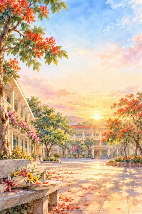 File JPG - Sân trường hoàng hôn hoa phượng đỏ ghế đá