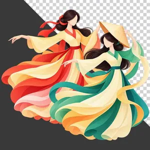 Hai thiếu nữ múa nghệ thuật đội nón lá trang phục đỏ xanh dải lụa bay - File PNG