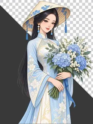 File PNG - Thiếu nữ mặc cổ phục xanh dương đội nón lá ôm bó hoa cẩm tú cầu