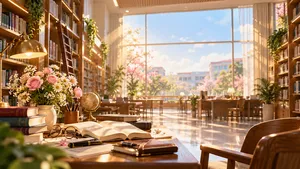 Không gian thư viện nắng mai sách và hoa - File JPG