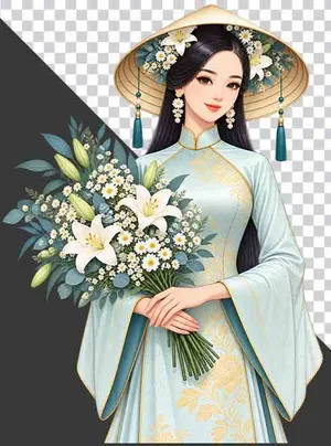 File PNG - Thiếu nữ mặc cổ phục đỏ đội nón lá ôm bó hoa hồng