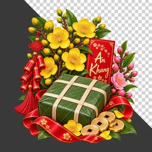 File PNG - Mẹt bánh chưng hoa mai hoa đào bao lì xì An Khang tiền cổ và pháo đỏ